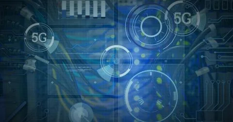 Image of 5g text and digital data processing over computer servers Stock Photos