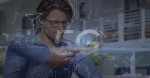 Image of 5g text and microprocessor connections over caucasian man talking on 写真素材