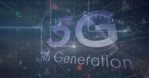 Image of 5g text and network of connections over landscape Stock Illustration