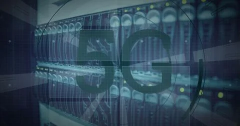 Image of 5g text banner and round scanners over close up of a computer server Illustrazione stock