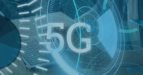 Image of 5g text banner and round scanners over mid section of person using Stock Illustration