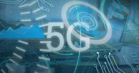 Image of 5g text banner and round scanners over mid section of person using 스톡 사진