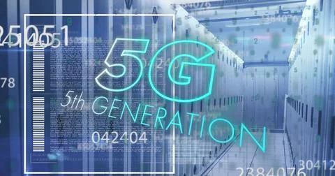 Image of 5g text banner, changing numbers and data processing against computer Stock Photos