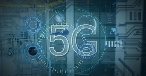 Image of 5g text banner, microprocessor connections and data processing against 스톡 사진