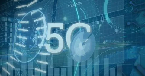 Image of 5g text banner, round scanners and data processing against night city 스톡 사진