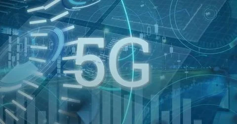 Image of 5g text banner, round scanners and data processing against night city 스톡 사진