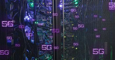 Image of 5g text banners floating against close up of computer server Stock Photos