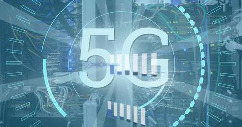 Image of 5g text, bar graph and circles with abstract pattern over storage .. Stock Photos