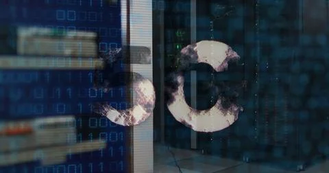 Image of 5g text, binary coding and data processing over computer servers Stock Photos