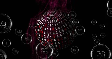 Image of 5g text, binary coding and digital data processing over globe Stock Photos