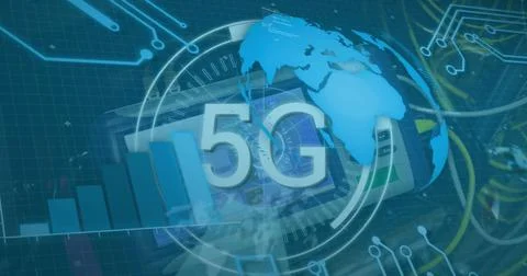 Image of 5g text in circle, globe, computer language and circuit board patt.. 写真素材