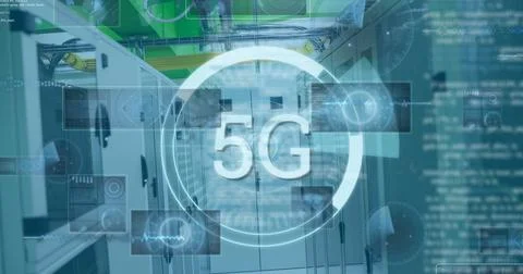 Image of 5g text in circle, radar and programming language over server room Stock Photos