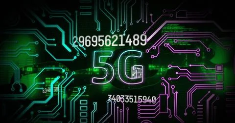 Image of 5g text, computer data processing over circuit board Stock Photos