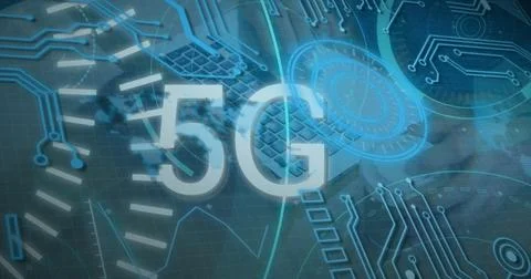 Image of 5g text, data processing over cables of computer server Stockfoto's