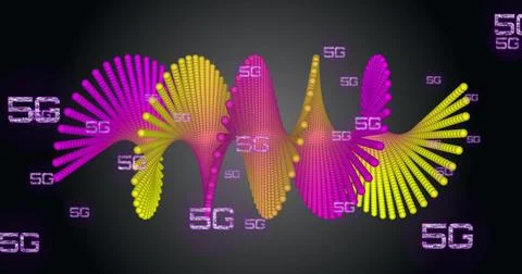 Image of 5g text, digital data processing and dna strand on black background Stock Illustration