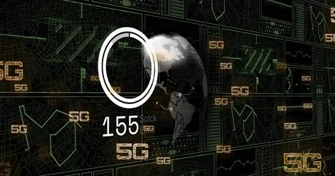 Image of 5g text, digital data processing and globe over black background Stock Illustration
