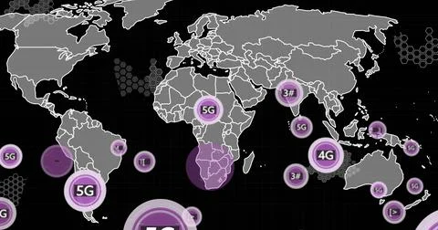 Image of 5g text, digital data processing and world map over black background Stock Illustration