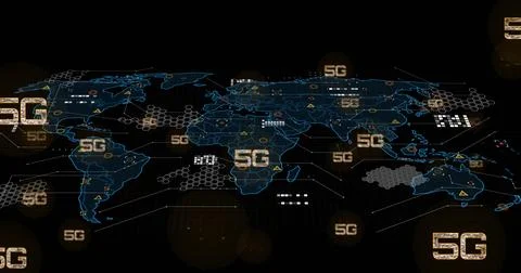 Image of 5g text, digital data processing and world map over black background 스톡 일러스트