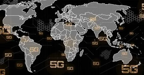 Image of 5g text, digital data processing and world map over black background 스톡 일러스트