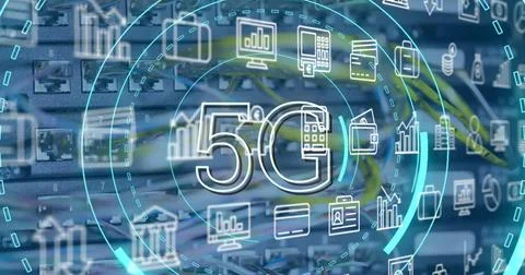 Image of 5g text, digital data processing over computer servers Stock Illustration