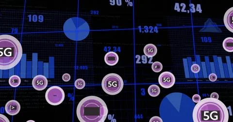 Image of 5g text, digital data processing over black background Foto stock