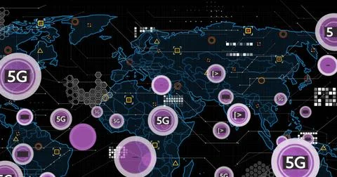 Image of 5g text, digital data processing and world map over black background Foto stock