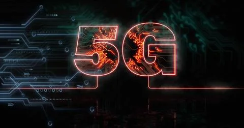 Image of 5g text, digital data processing and circuit board 스톡 사진