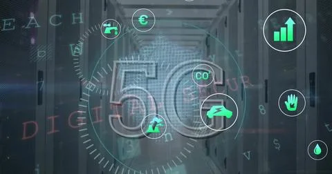Image of 5g text, eco icons and data processing over computer servers Illustrazione stock