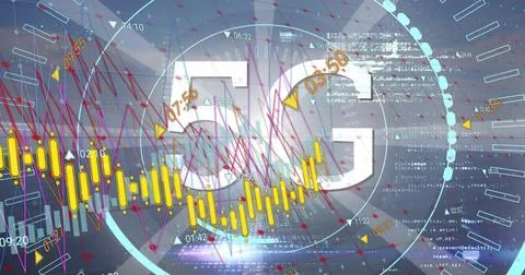 Image of 5g text, financial data processing over grid and dark background Stock Photos