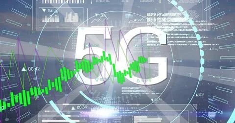 Image of 5g text, financial data processing over grid and dark background 스톡 사진