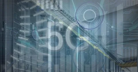 Image of 5g text with graphs and charts processing data over computer server Stock Photos