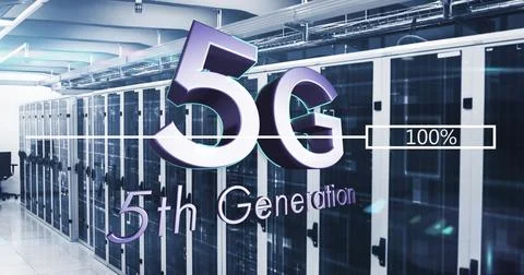 Image of 5g text, mathematical equations and data processing over computer .. Stock Photos