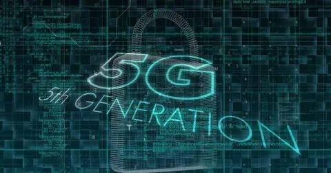 Image of 5g text, online security padlock and data processing on dark background Stock Illustration