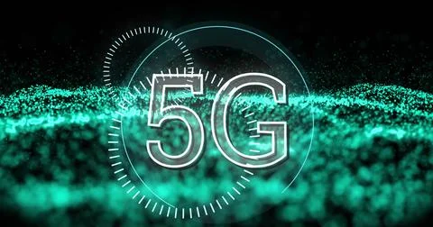 Image of 5g text over abstract waving mesh with green spots Stock Photos