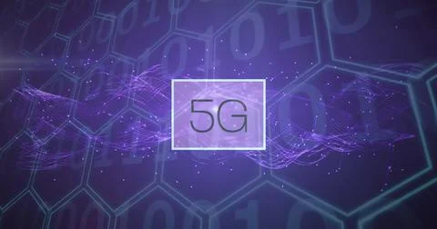 Image of 5g text over binary coding and purple hexagons Stock Illustration
