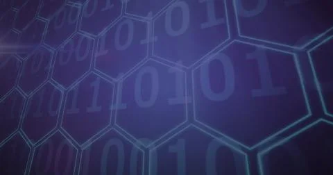 Image of 5g text over binary coding and purple hexagons Stock Illustration