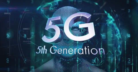 Image of 5g text over globe and digital human on black background Illustrazione stock