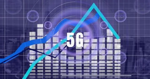 Image of 5g text over moving shapes 스톡 사진