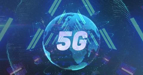 Image of 5g text over neon tunnel in seamless pattern against spinning globe and Stock Photos