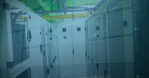 Image of 5g text over round scanner and data processing against computer server Stock Illustration