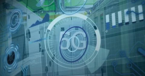 Image of 5g text over round scanner and data processing against computer server イラスト素材