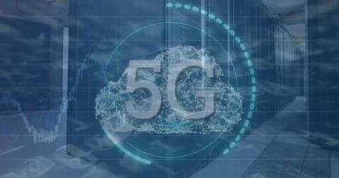 Image of 5g text over round scanner and cloud icons against computer server room Stock Photos