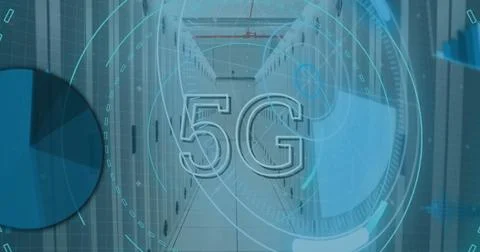 Image of 5g text over round scanner and data processing against computer server Stockfoto's