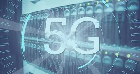 Image of 5g text over spinning round scanner and light spot against close up of Ilustração Stock