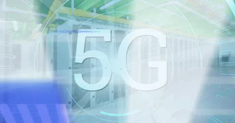 Image of 5g text over spinning round scanner, light spot and data processing Illustrazione stock