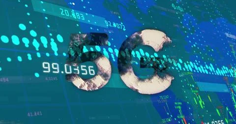 Image of 5g text over world map and data processing Stock Illustration