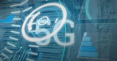Image of 5g text, radar, circles, bar graph and programming language over s.. Stock Photos