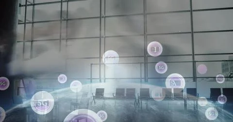 Image of 5g text, scopes scanning and data processing over people in modern Stockillustratie