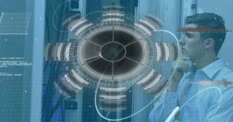 Image of 5g text, scopes scanning and data processing over male it engineer and Stockfoto's
