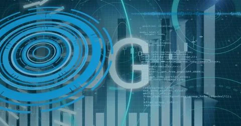 Image of 5g text, scopes scanning and data processing over servers Stockfoto's